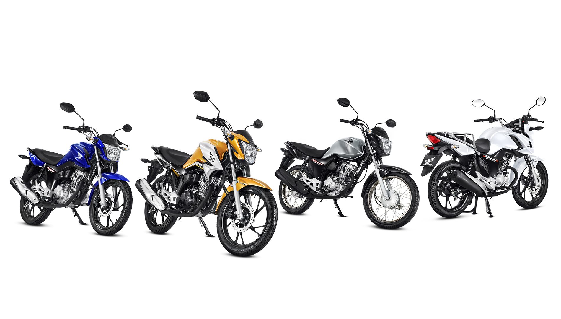 4 motocicletas Honda CG 160 2023, nas cores azul, amarelo, prata e branco, estacionadas